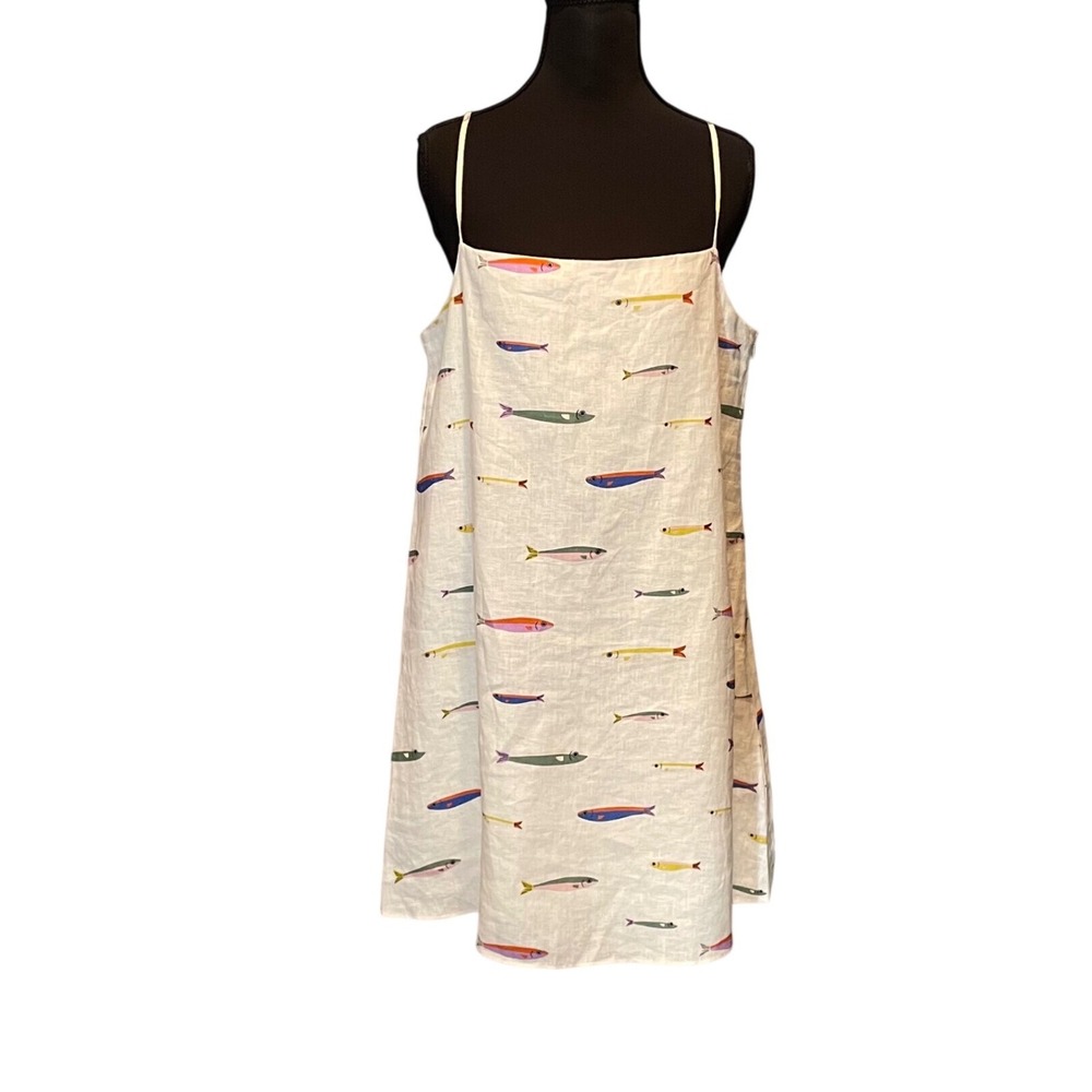 STAUD Laura Linen Mini Dress in Pop Sardines Fish Print Ivory M Fisherman
